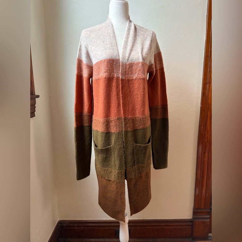 Hem & Thread Women’s Striped Open Cardigan Size M Cream, Green & Burnt Orange - Picture 1 of 7
